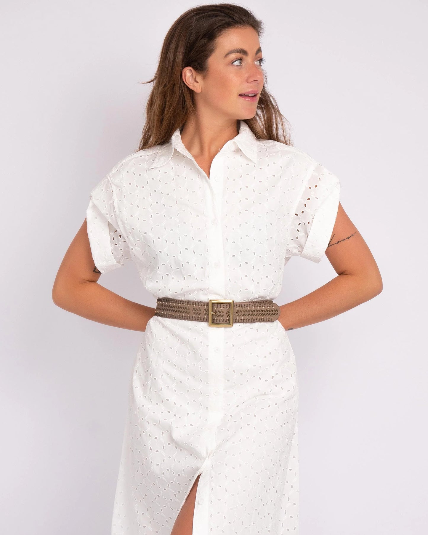 Ezra Studded Leather Belt with Square Buckle by Amsterdam Heritage in Taupe