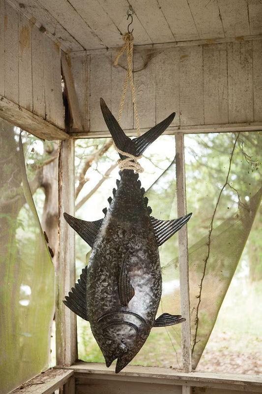 Recycled hand hammered metal 3d tuna with sisal rope by Kalalou