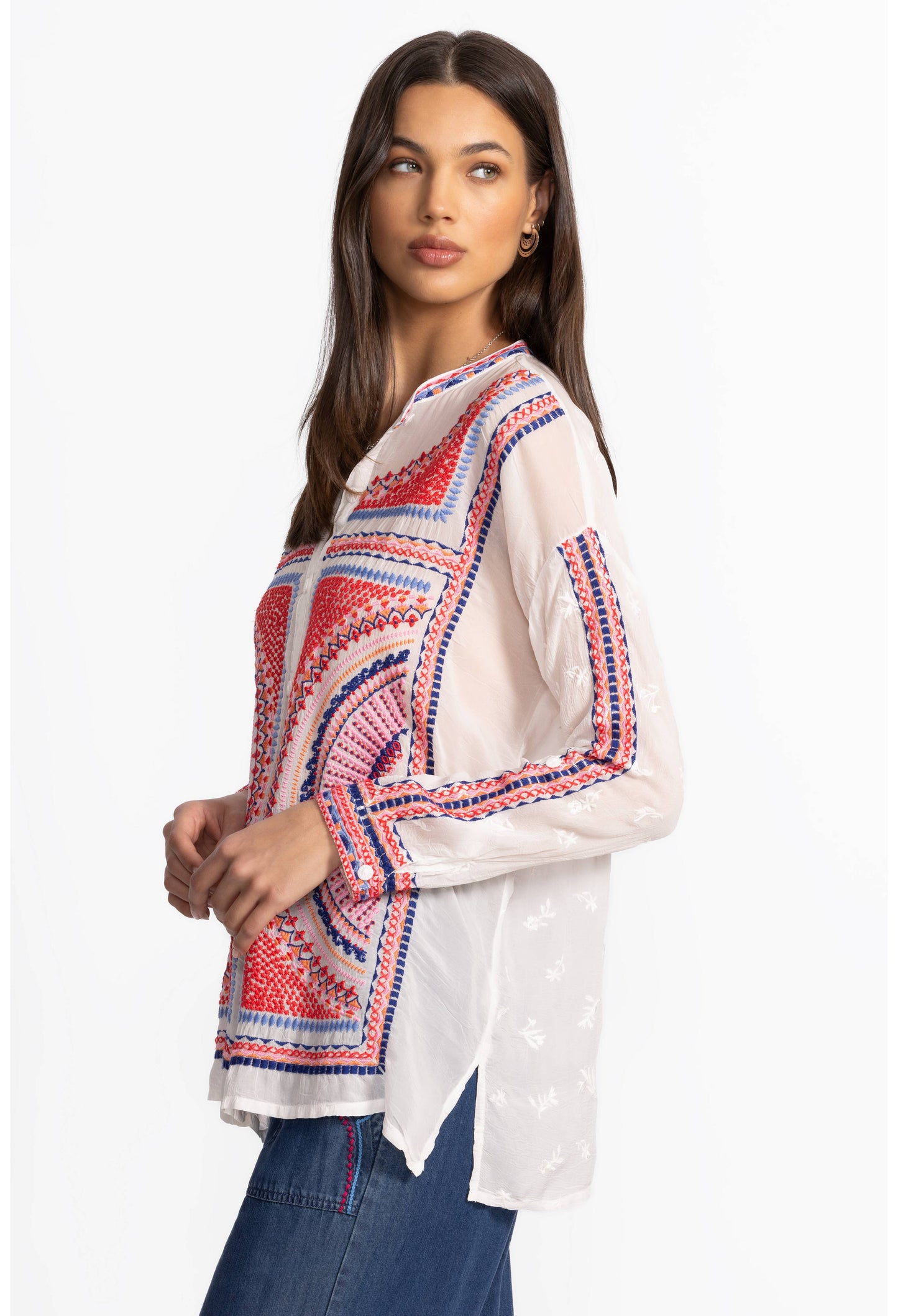 The Audrey Mandarin Collar Shirt by Johnny Was in Maura
