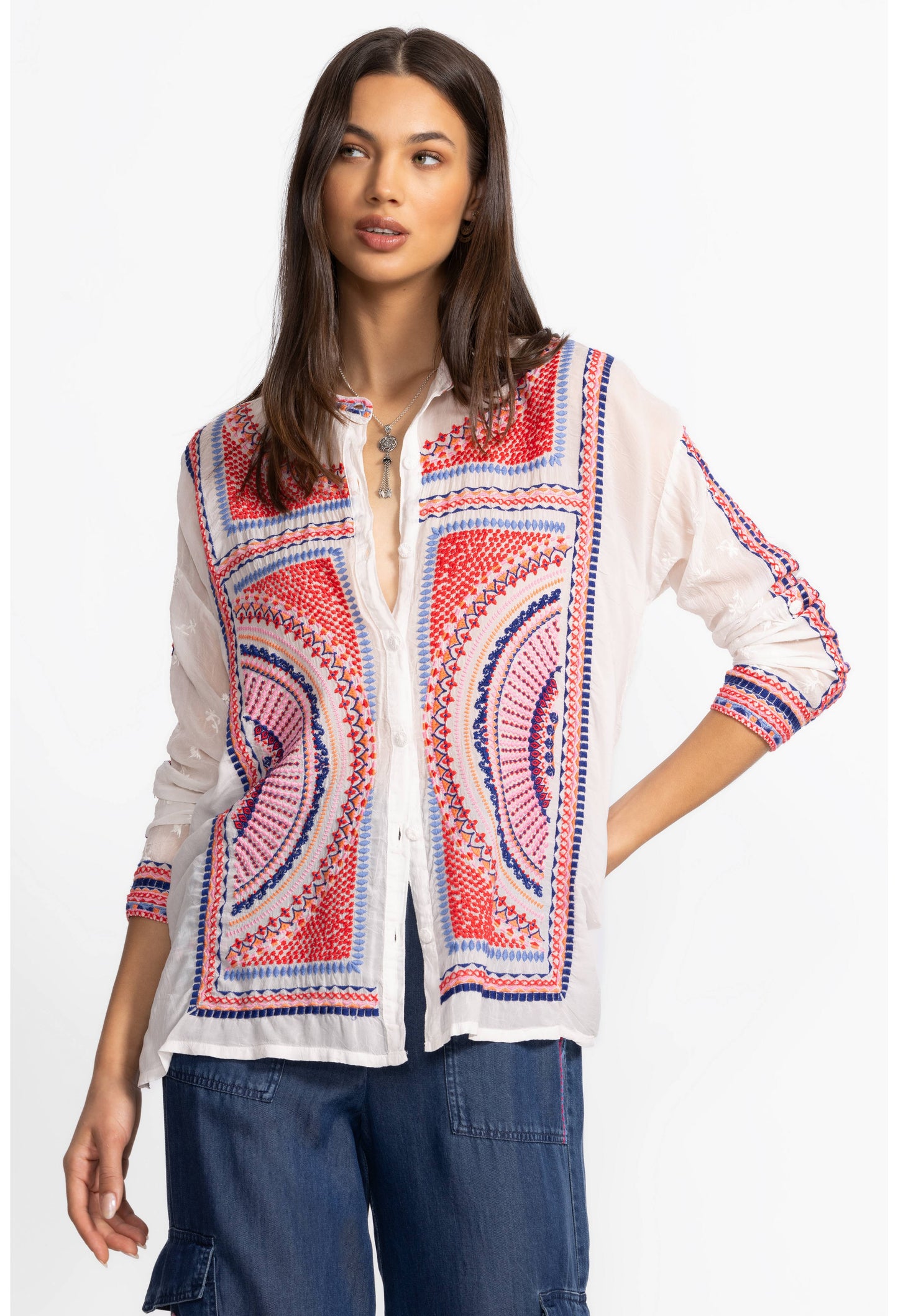 The Audrey Mandarin Collar Shirt by Johnny Was in Maura