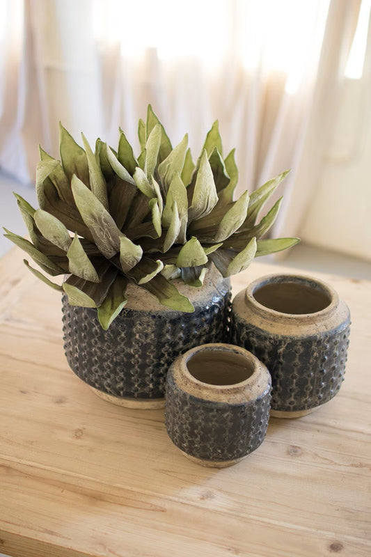 Set of three dark blue knobby ceramic pots by Kalalou