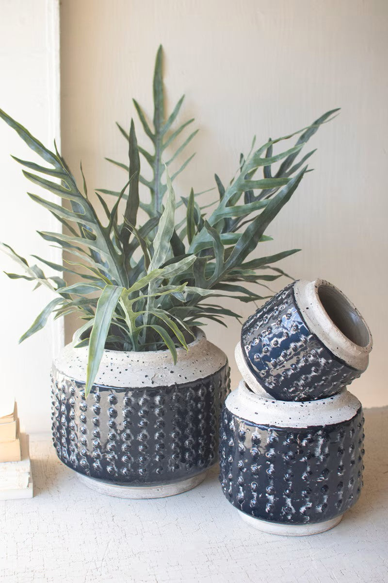 Set of three dark blue knobby ceramic pots by Kalalou