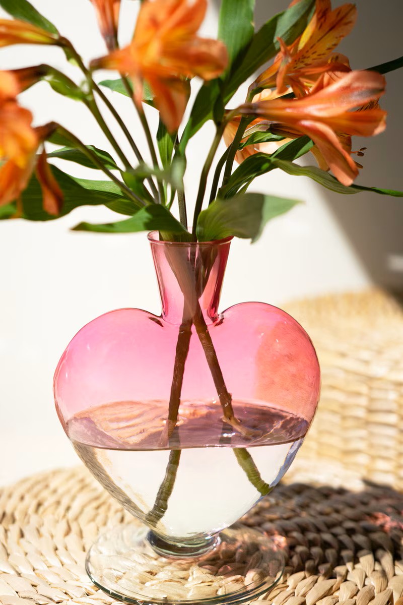 Large Glass heart vase by Kalalou in ombre pink