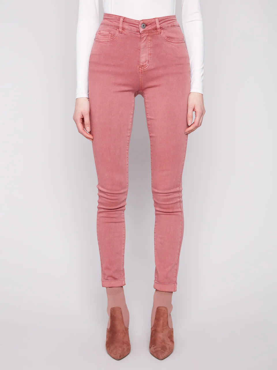 Cuffed Hem Slim 5 Pocket Colored Twill Pants by Charlie B in Primrose
