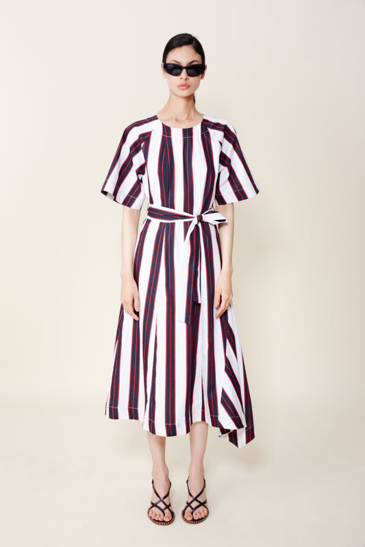 Juliet Short Sleeve Dress Midi Dress by Du Paradis in Black Red Stripes