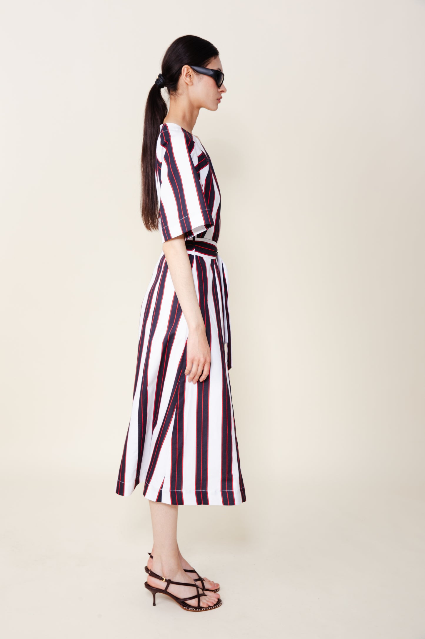 Juliet Short Sleeve Dress Midi Dress by Du Paradis in Black Red Stripes