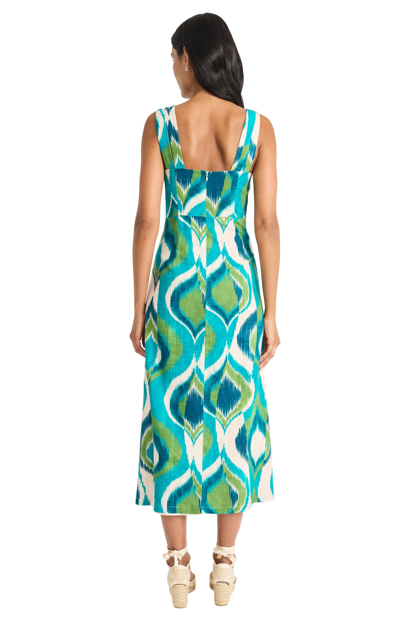 Printed Midi Dress with Double Straps by Maggy London in Ivory Aqua
