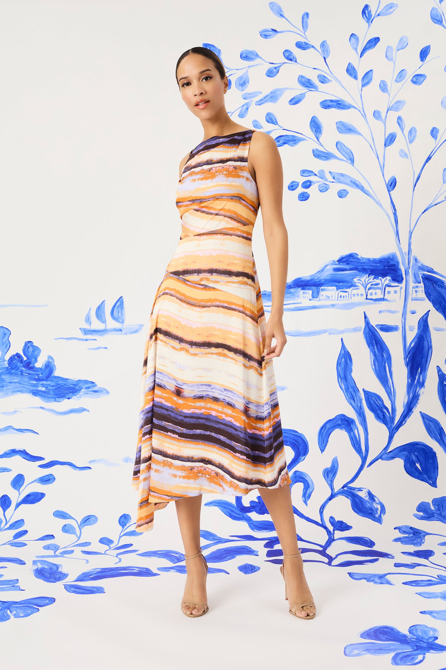 Asymmetrical Draped Midi Dress by Maggy London in Ivory Orange