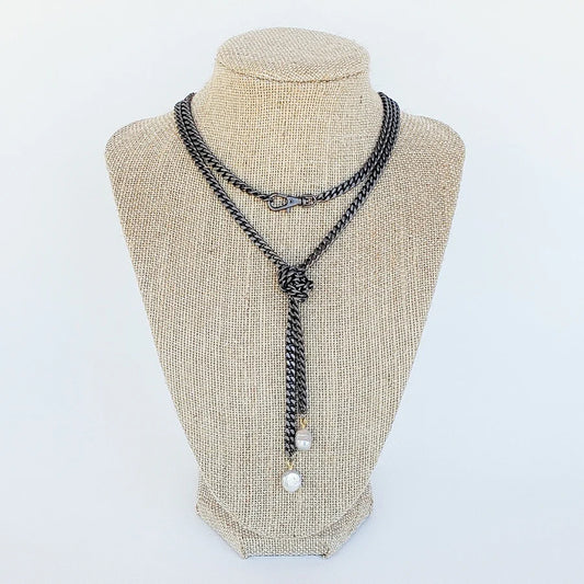 Medium Curb Knotted Necklace with Mini Pearls by Virtue in Gunmetal/White