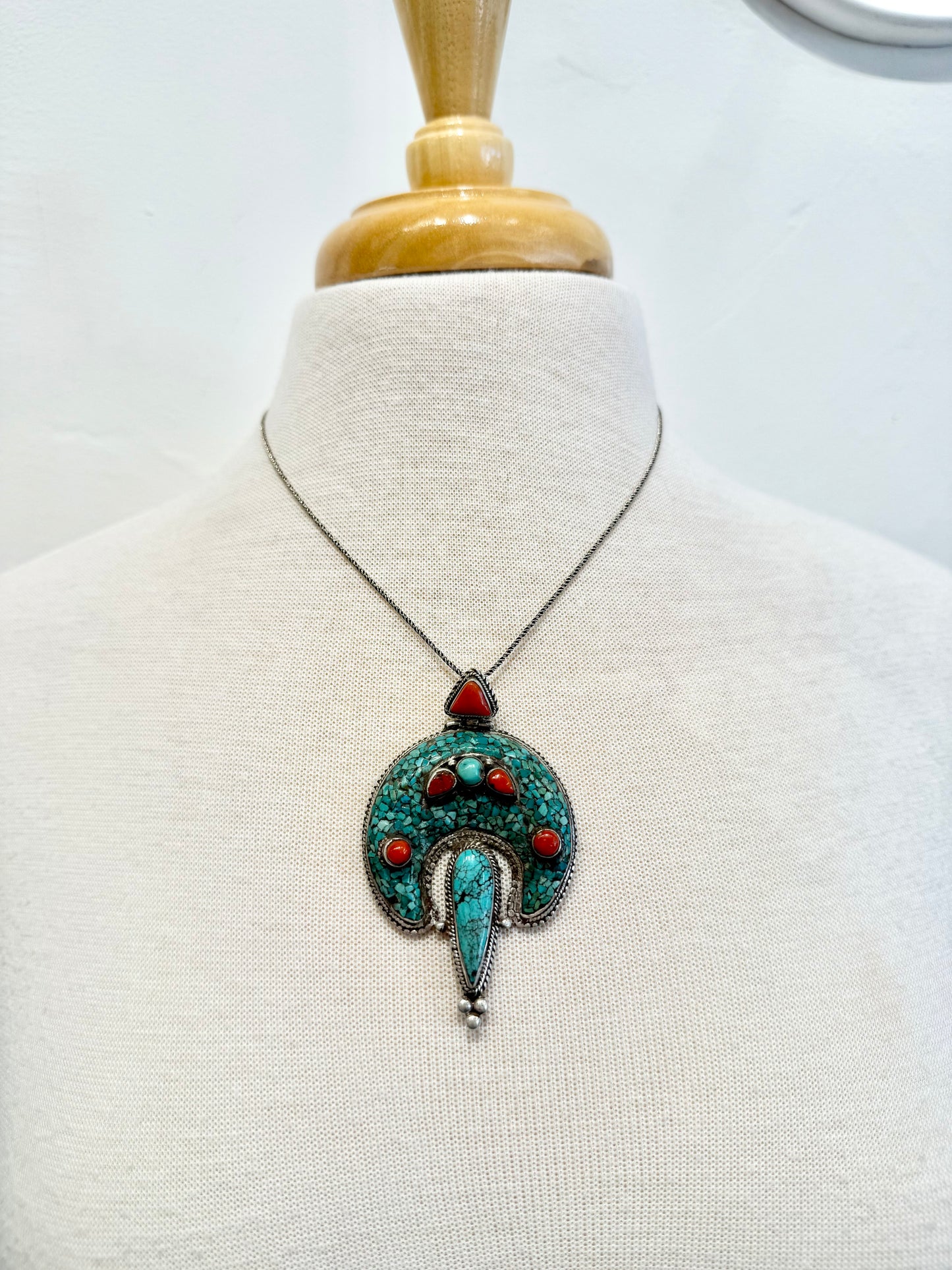 Vintage Tibetan Turquoise & Coral Pendant Necklace by Everything Tibetan
