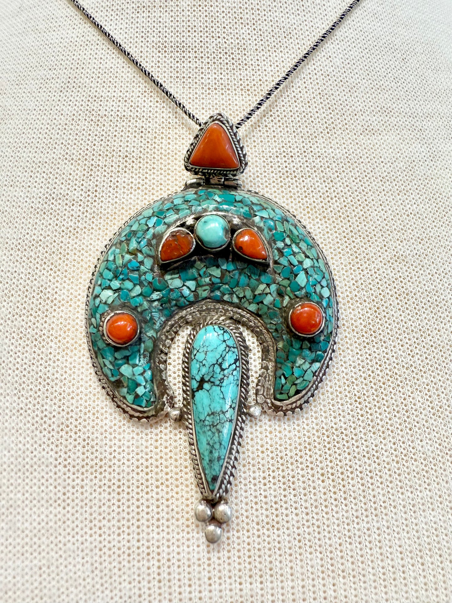 Vintage Tibetan Turquoise & Coral Pendant Necklace by Everything Tibetan