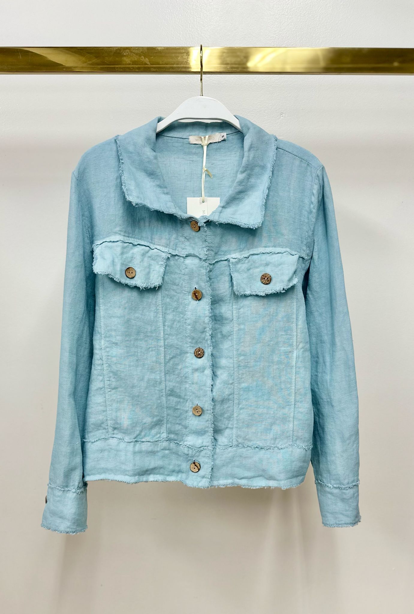Fringe Hem Button Down Jacket by Milio Milano in Blue Zuccero