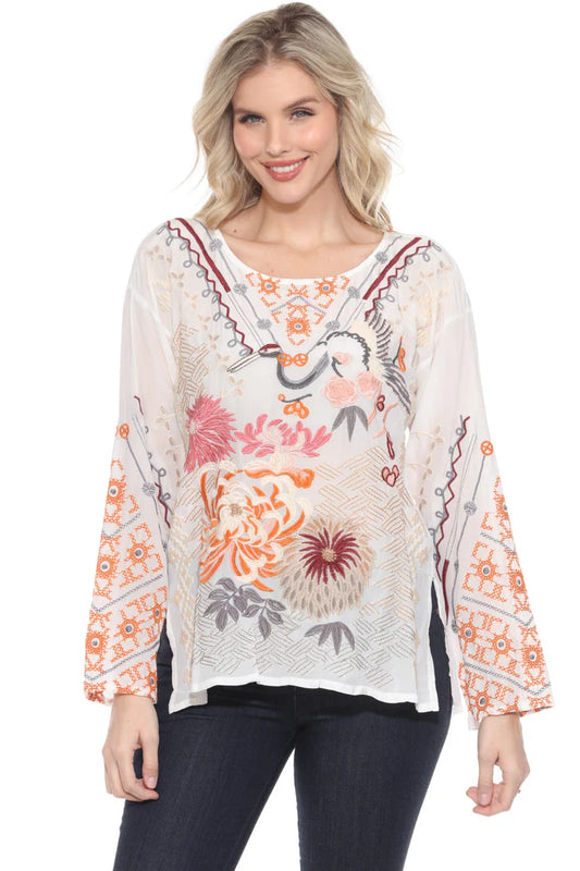 Charlize Embroidered Silk Blouse by Johnny Was in White