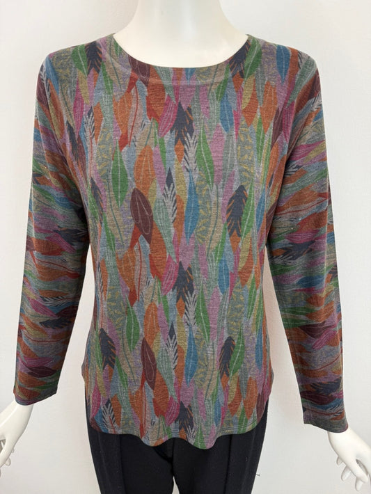 Printed Multi Leaves Crew Neck Long Sleeve Top by Nally & Millie