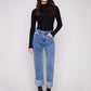 Wide Cuff Straight Leg Stretch Denim Pants by Charlie B in Medium Blue