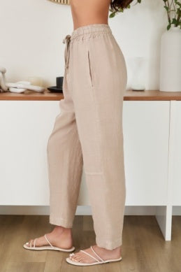 Drawstring Waistband Edge Stitch Detail by Milio Milano in Earth Beige