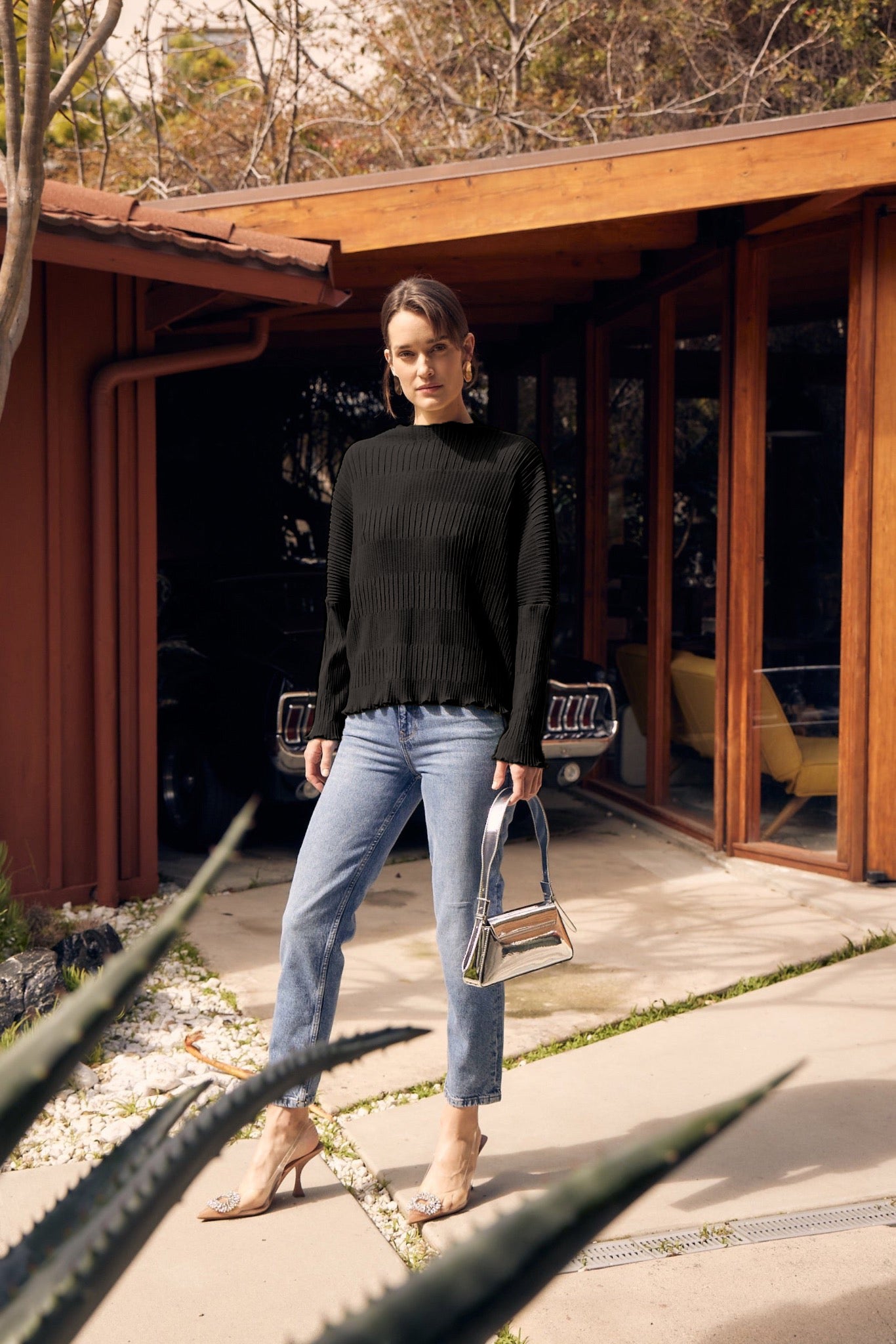 Iris Lettuce Edge Stripe Top by Wild Cosmos in Black