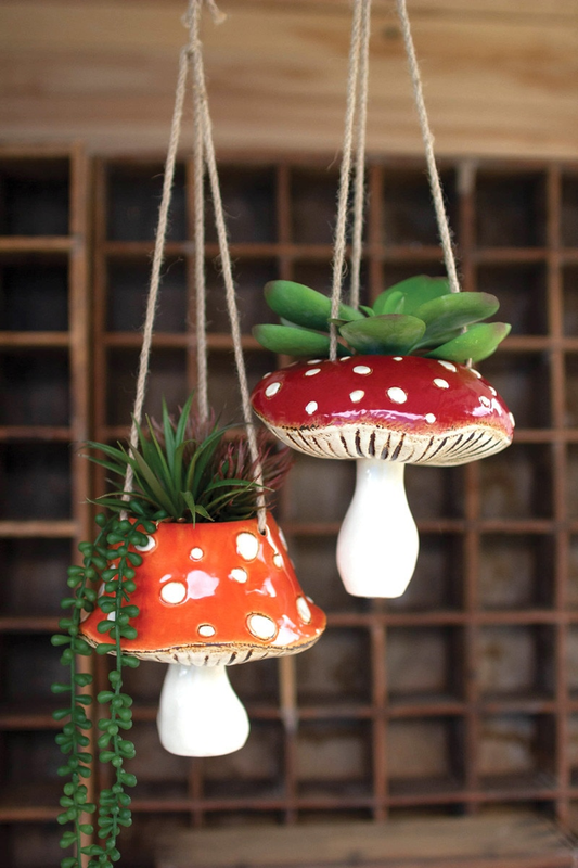 Set of 2 Ceramic Toadstool Hanging Planters by Kalalou
